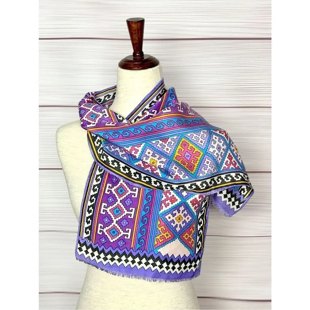 Oscar de la Renta Silk Scarf Geometric Tribal Southwestern Print Purple 11x50